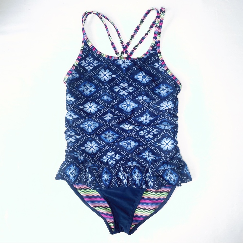 Girl’s Sz L (10-12) One Piece Swimsuit w/ Ruffle Detail and Criss Cross Straps